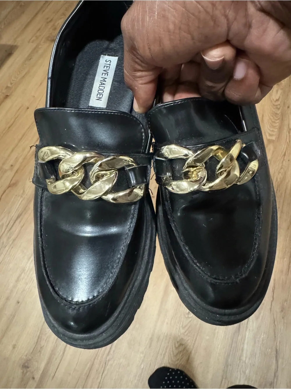 Steve Madden Black Leather Loafers with Gold Chain Accent
